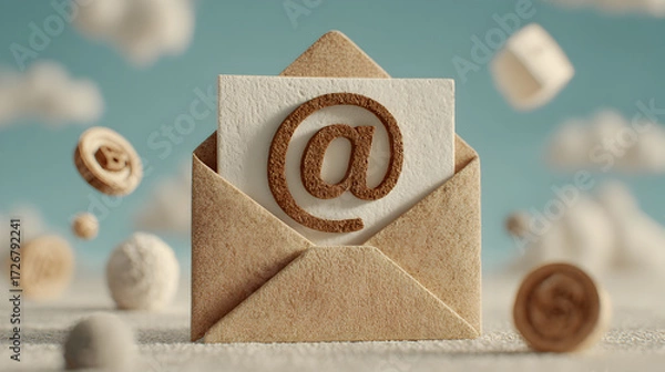 Fototapeta Creative illustration featuring a textured envelope with an '@' symbol and floating elements, representing digital communication and connectivity in a whimsical environment