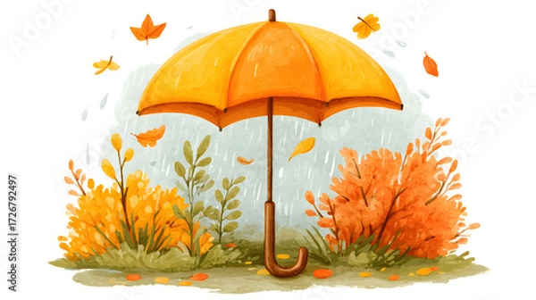 Fototapeta Bright yellow umbrella stands amidst colorful autumn foliage, surrounded by vibrant orange and green plants, capturing the essence of a rainy fall day in a whimsical illustration
