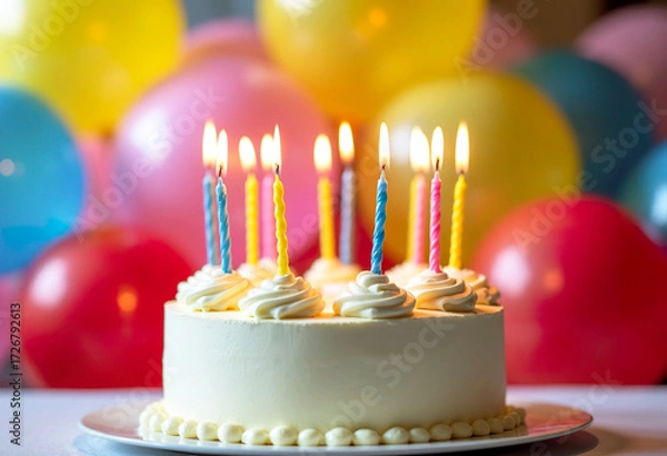 Obraz A birthday cake with lit candles on a festive table, with blurred balloons in the background. Bokeh, joyful atmosphere.