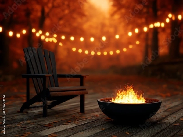 Fototapeta Cozy fall evening with fire pit and gratitude banner