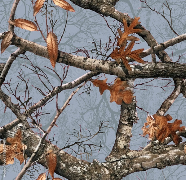 Fototapeta Realistic forest camouflage. Seamless pattern. Conifer tree, branches and leaves on sky blue background. Useable for hunting and military purposes.