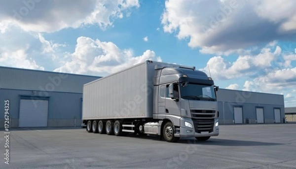Obraz Modern logistics warehouse with a white truck unloading goods. The appearance of a cargo warehouse with gates. Against a clear sky. A warehouse that deals with delivery, export, and business. logistic
