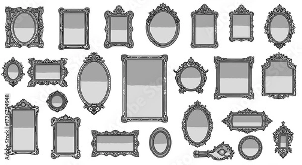 Obraz Collection of ornate, decorative antique-style mirrors in various shapes and sizes.