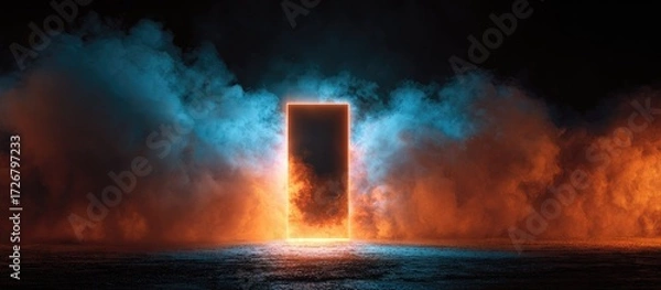 Fototapeta Dark scene with glowing portal framed by colorful smoke