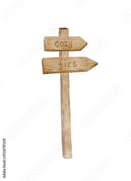 Fototapeta A digital watercolor illustration of a rustic wooden signpost with directional arrows, ideal for camping, hiking, and travel-themed projects.