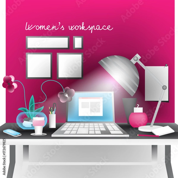 Fototapeta Women's workspace. Beautiful office table with laptop (notebook), office lamp with light effect, orchid flowers in the vase, coffee cup and mobile phone. Vector illustration