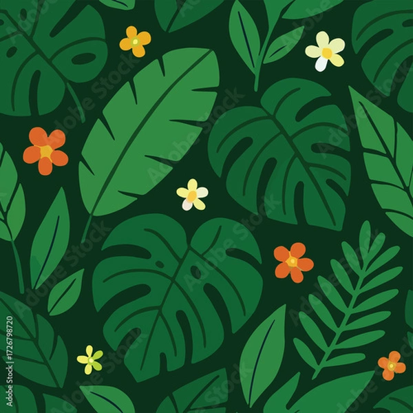 Fototapeta Tropical Forest Seamless Pattern with Monstera and Flowers