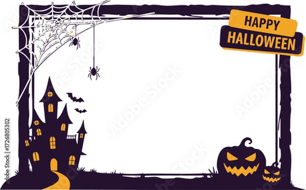 Fototapeta Halloween frame with haunted house and pumpkin isolated on white background