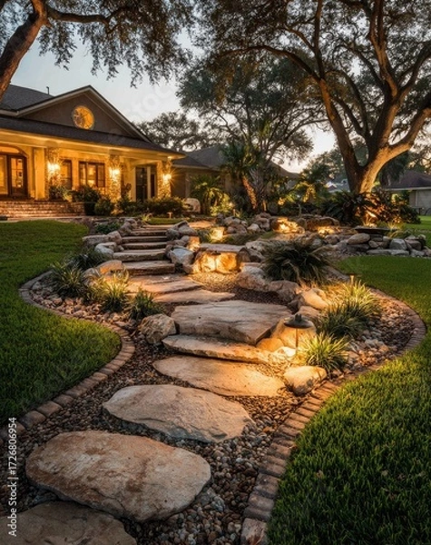 Fototapeta A meticulously landscaped backyard pathway at dusk, illuminated by warm outdoor lighting, showcasing large, natural stone paving stones and lush greenery.
