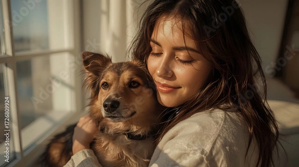 Fototapeta Woman with gentle facial features, soft skin, and a warm smile, basking in the warm golden sunlight that streaming through a window, cuddling a adorable canine companion, a serene morning ritual 
