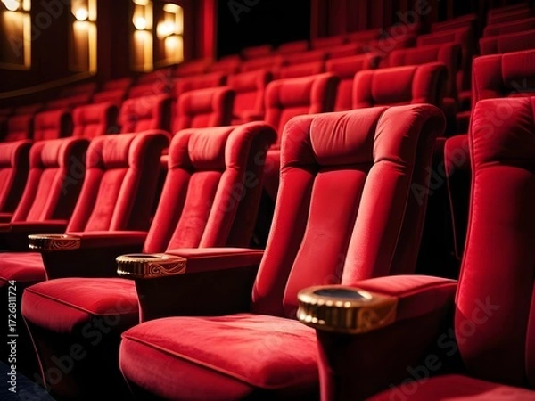 Fototapeta Luxurious closeup view of red velvet cinema theater chairs with dramatic cinematic lighting, perfect symmetrical rows, premium movie experience, high-resolution detail for film and entertainment conce
