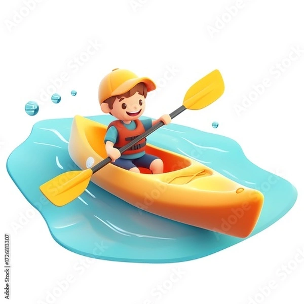 Fototapeta Vibrant cartoon kayak with a smiling paddler on a sparkling river