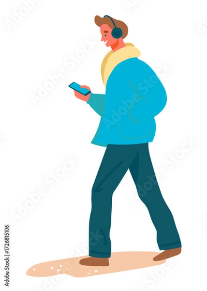 Obraz Man walking with headphones and holding cellphone icon. Trendy vector isolated on transparent  background.