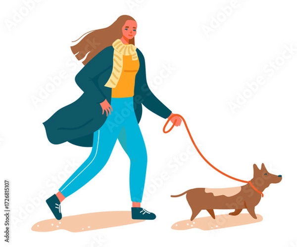 Obraz Modern woman walking with dog on leash.  Stylish female in heels going with corgi puppy. Flat vector illustration of passerby isolated on transparent background