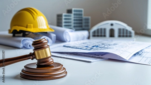 Fototapeta Labor and construction law with gavel, blueprint, hard hat, and building model.