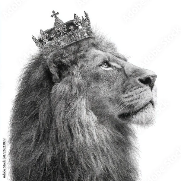 Fototapeta A regal lion, adorned with a crown, gazes upward in a powerful monochrome portrait.
