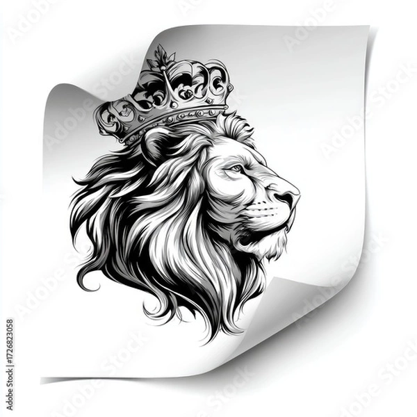 Fototapeta A regal lion's head, adorned with a crown, features a detailed, artistic illustration in monochrome.
