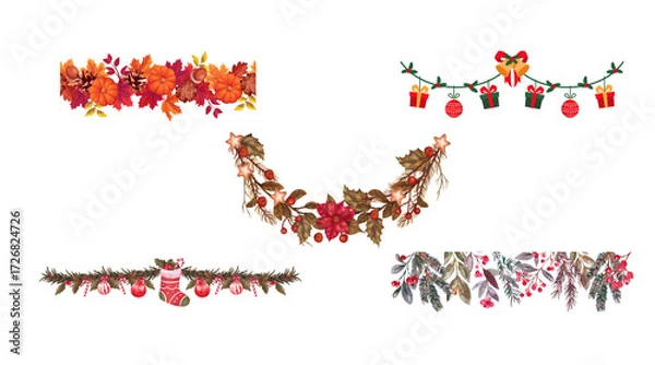 Obraz Collection of festive autumn garlands and decorative lights featuring pumpkins and fall foliage isolated on transparent background
