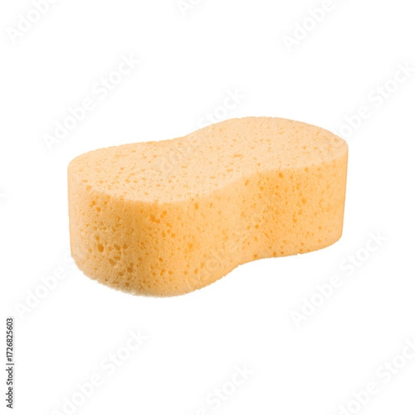 Fototapeta A single light yellow porous cleaning sponge with a rounded shape for washing cars or household surfaces isolated on transparent background