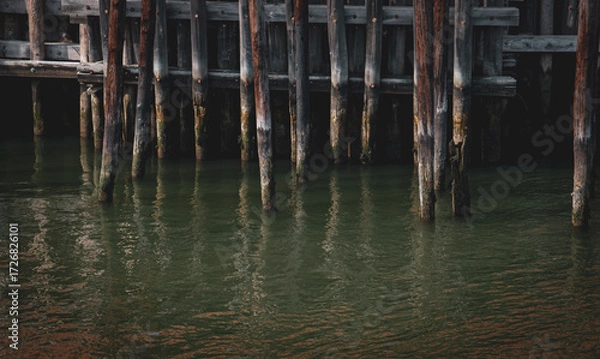 Fototapeta Pilotes de madera de un embarcadero en marea baja. Pilotes de madera antiguos en el muelle sur de Manhattan en el parque Battery, Nueva York, EE. UU.