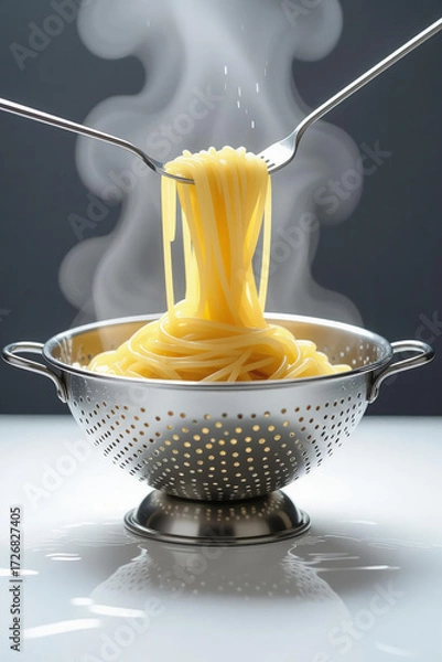 Fototapeta Steaming pasta lifted with forks over colander