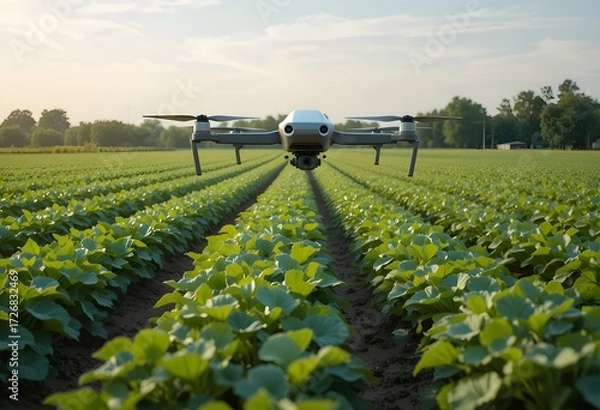 Fototapeta Drone flying over agriculture field for smart farming and crop management