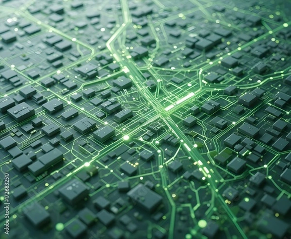 Fototapeta Smart city digital network and urban circuit board technology connection