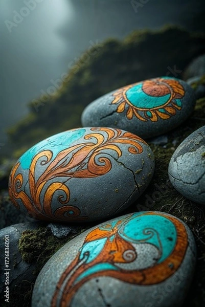 Fototapeta Group of Painted Stones with Floral Swirl Patterns on Mossy Textured Surface