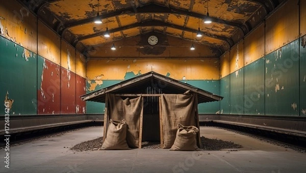 Fototapeta Decayed station hut, burlap sacks hint at past industry, ruin, desolation in urban space