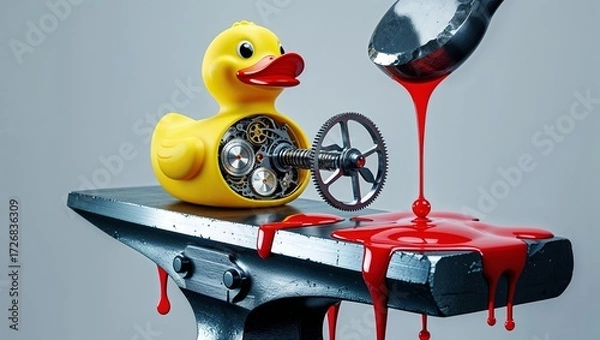 Fototapeta Conceptual photo of a clockwork rubber duck on an anvil with red liquid being poured.