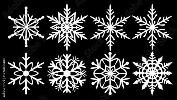Fototapeta Collection of eight unique white snowflake designs on a black background