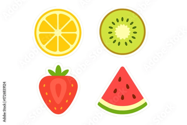 Fototapeta Colorful fruit slices featuring lemon, kiwi, strawberry, and watermelon in a simple design