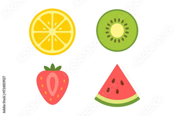 Fototapeta Bright and colorful fruit stickers featuring lemon, kiwi, strawberry, and watermelon for summer fun