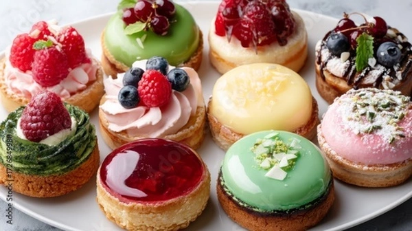 Fototapeta Elegant assortment of miniature pastries arranged in a circular pattern on a glossy white plate with copy space, showcasing vibrant colors, glossy textures, and intricate toppings in a bright, minima