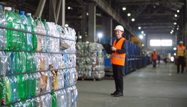 Fototapeta Plastic bottles and waste on a conveyor belt in a recycling factory, workers in safety