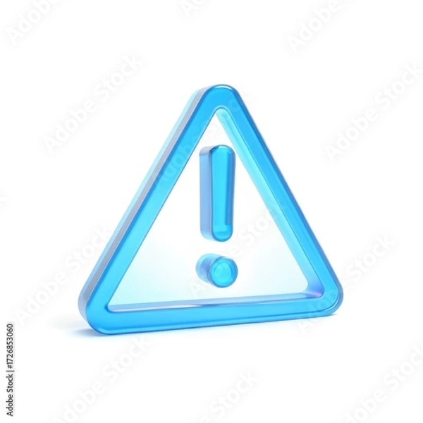 Fototapeta 3D warning icon. A blue glass triangle with an exclamation mark symbolizing an alert, error, danger, and caution, isolated on a white background