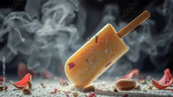 Fototapeta Delicious saffron kulfi on a wooden stick, decorated with rose petals and dry fruits, placed on a textured surface with aromatic smoke in the background, showcasing rich Indian dessert tradition.