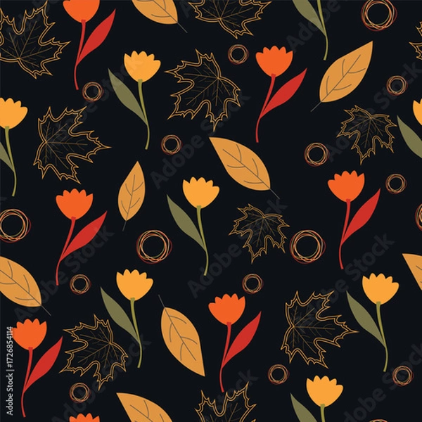 Fototapeta Print autumn_seamless_pattern_stylized_fall_foliage_with_vibrant_leaves_seasonal_themed_black_background