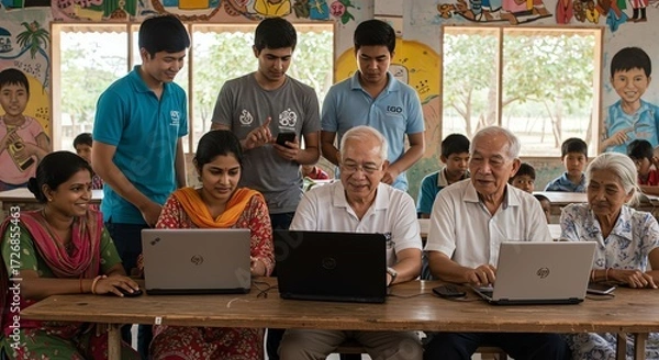 Fototapeta Multigenerational Group Using Laptops in Classroom Brightly Decorated with Children's Artwork