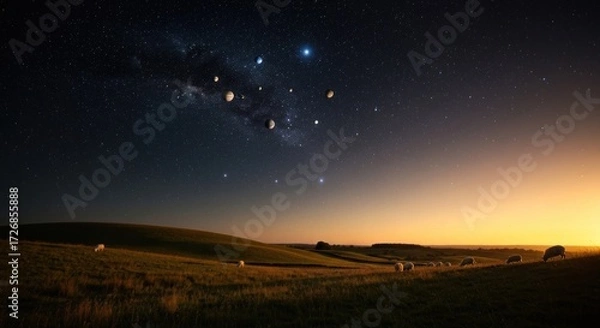 Fototapeta A pastoral scene at dawn, sheep grazing under a starlit sky, milky way prominent