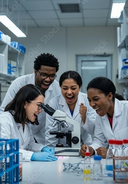 Fototapeta Diverse Group of Scientists in Laboratory Using Microscope in Bright Modern Lab