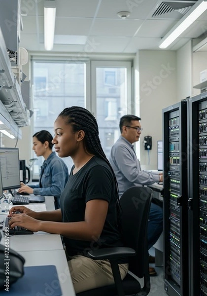 Fototapeta Diverse It Professionals Working in Data Center with Servers and Computers