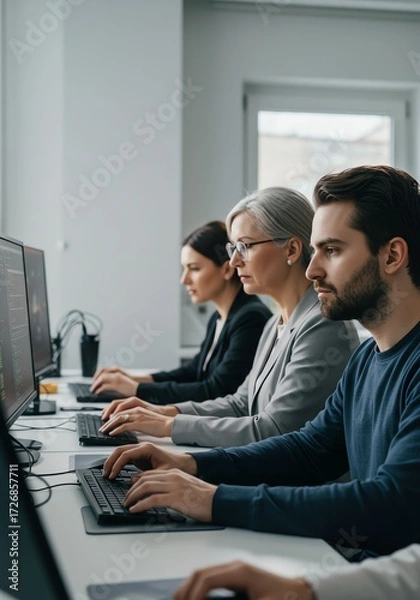 Fototapeta Group of Professionals Working on Computers in Modern Office Space