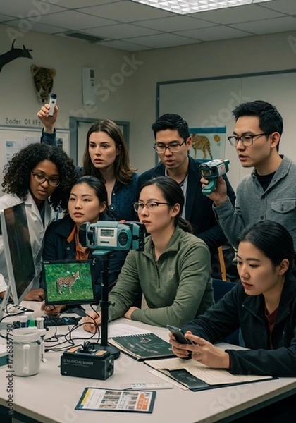 Fototapeta Group of Diverse Young Researchers Examining Camera and Smartphone in Laboratory with Animal Images on Screens