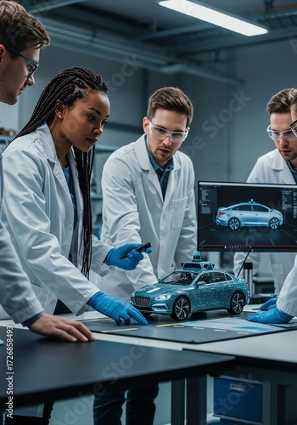 Fototapeta Team of Engineers Analyzing Car Models in Modern Laboratory with Digital Screens and Technical Tools