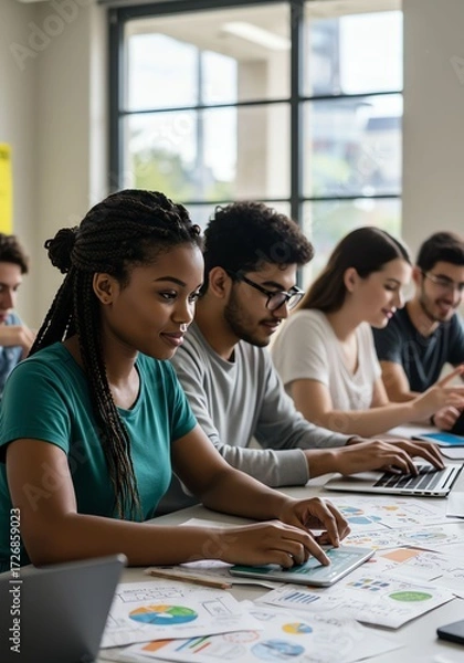 Fototapeta Group of Diverse Young Adults Working on Laptops and Documents in Modern Classroom