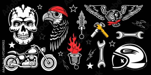 Fototapeta Collection of biker style icons featuring a skull motorcycle eagle helmet and tools on black background