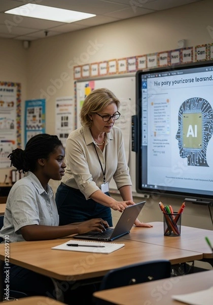 Fototapeta Female Teacher and Student Using Digital Devices in Classroom with Ai Technology