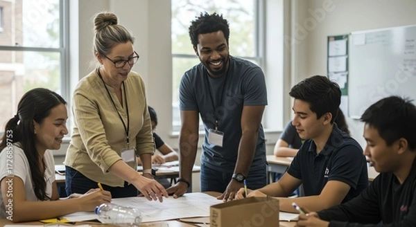 Fototapeta Diverse Group of Students and Instructor Collaborating in Modern Classroom