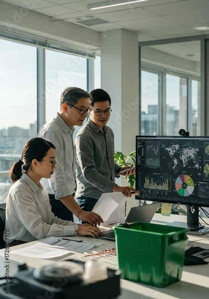 Fototapeta Business Team Analyzing Data on Large Computer Monitor in Bright Modern Office